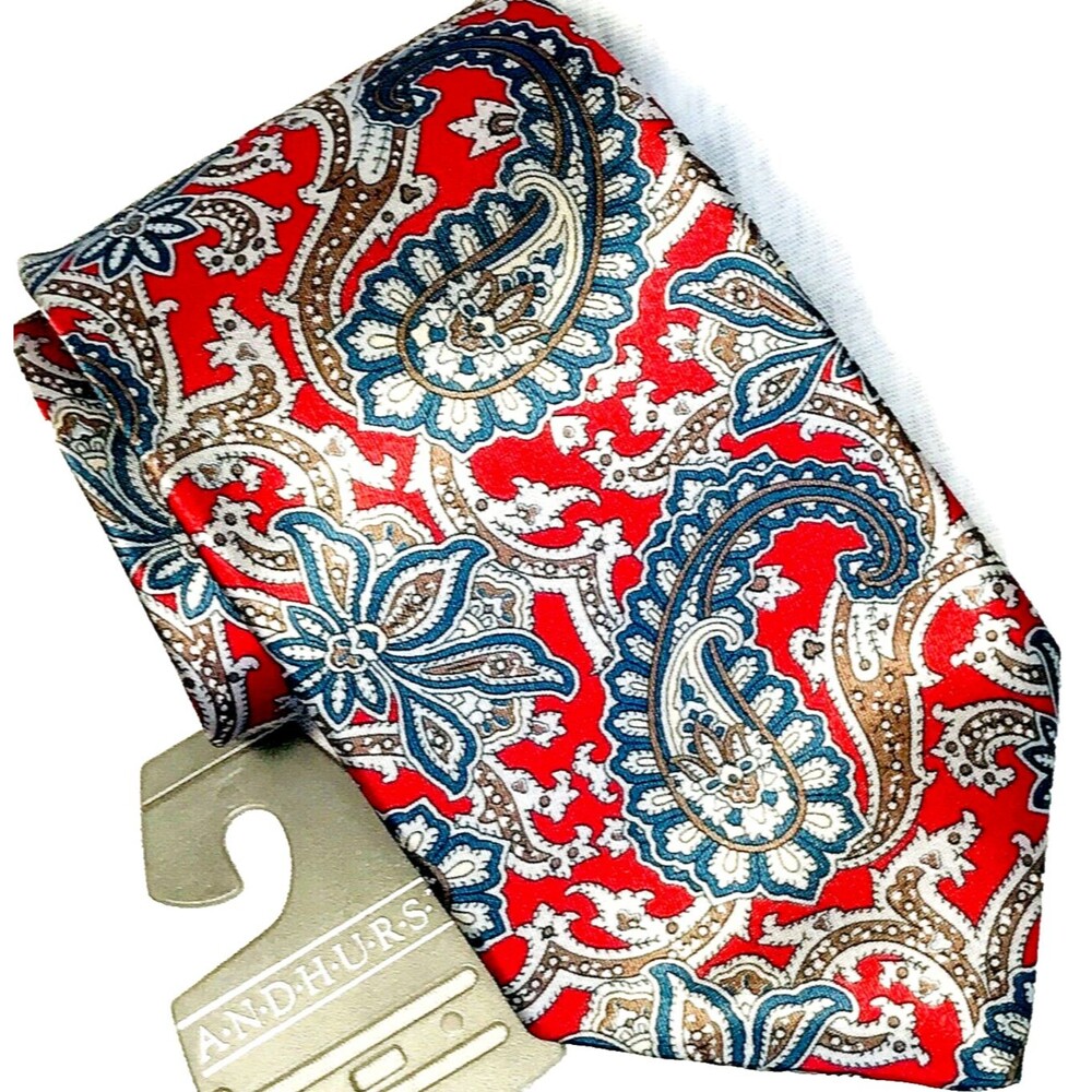 Andhurst Vtg Tie Metallic Shiny Paisley Floral Red Silver Blue Preppy July 4 USA